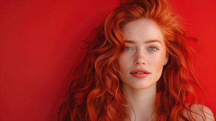 Fototapeta premium Redhaired woman with wavy hair against a vibrant red background looking directly into the camera.