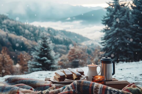 Cozy winter picnic setup with sandwiches, hot drinks and candles, overlooking a snowy mountain landscape