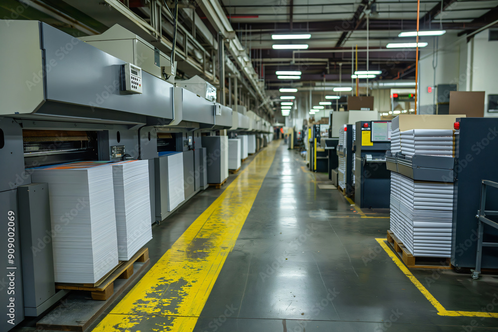 Poster printing press machines are operating and producing printed materials in a printing house