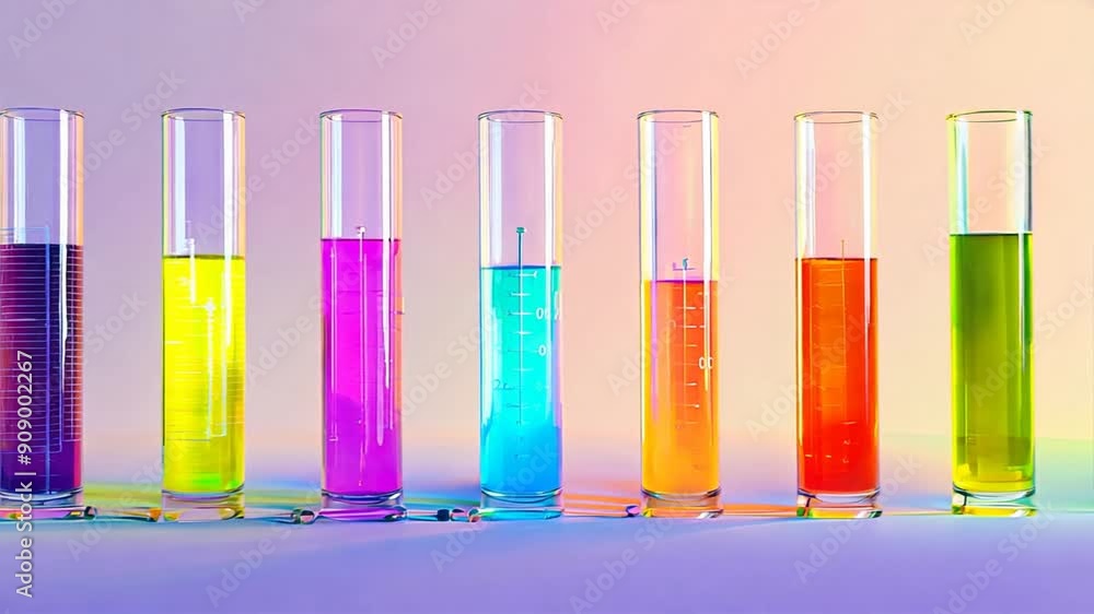 Poster set of graduated cylinders with different measurements and colorful liquids