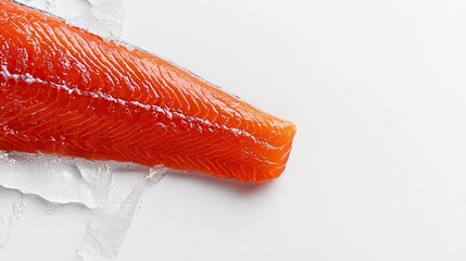 Overhead shot of a slice of red salmon on a white background, emphasizing the freshness and quality of the fish with space for additional text