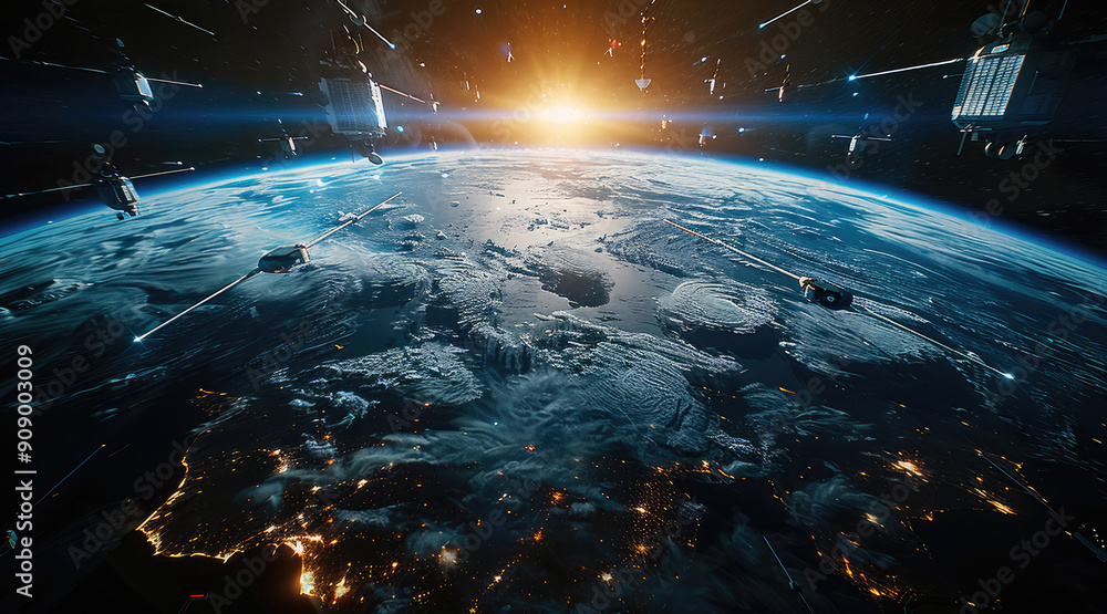 Poster in near-earth orbit, multiple communications satellites move around the earth, with the earth at the