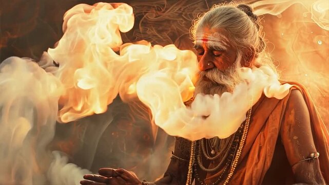 A man in a robe sits in front of a candle, with smoke rising from it. He is meditating or in a trance