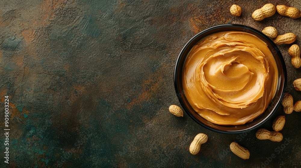 Poster overhead view of a bowl of peanut butter with peanuts scattered around, set on a table background wi