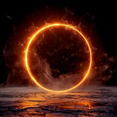 Glowing fiery ring on cracked surface with dark background. Abstract design representing energy or magic in digital illustration. Perfect for fantasy-themed projects and creative artworks. AI