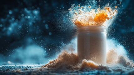 A dynamic scene of protein powder and shakes, with a sporty, energetic backdrop and high-contrast lighting to emphasize the power and strength associated with protein supplements