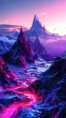 Obraz premium Futuristic landscape with holographic mountains at dusk, featuring glowing peaks and a digital sky, ideal for phone wallpaper enthusiasts of modern technology.
