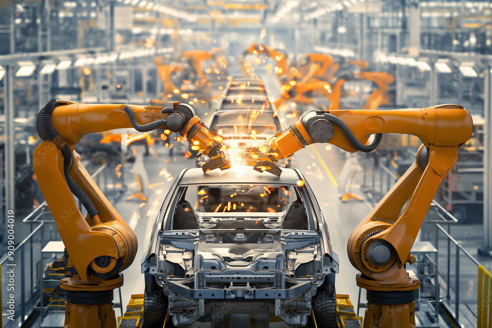Poster modern car factory with robotic arms working on a vehicle on an assembly line