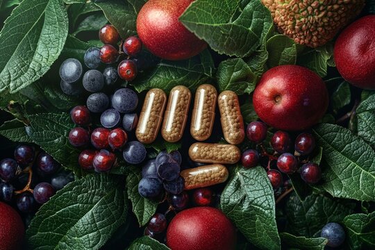 A rich, textured display of antioxidant capsules and fruits, with moody, atmospheric lighting to create a sense of depth and protection against oxidative stress