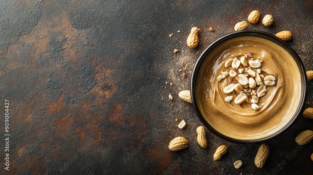 Poster top view of a bowl of creamy peanut butter with scattered peanuts on a table, featuring ample copy s