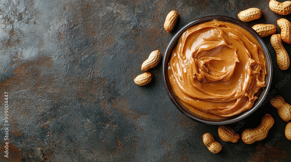 Poster top view of a bowl of smooth peanut butter and peanuts on a table, showcasing the rich spread and pr