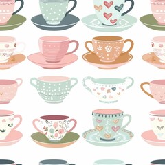 Charming Pastel-Colored Teacups and Saucers with Delightful Patterns for Tea Party.