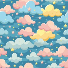 Dreamy Pastel Clouds and Stars Seamless Pattern for Background Design