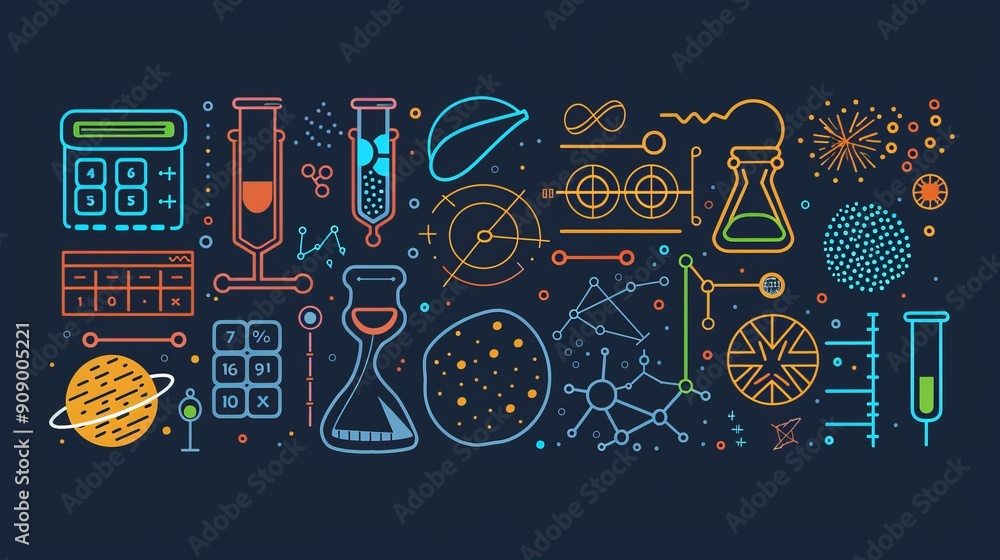 Wall mural a lively science-themed doodle filled with an array of colorful instruments, mathematical symbols, a