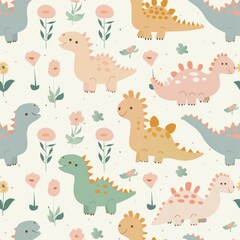 Sweet Pastel Dinosaurs Adorned with Delicate Flowers for a Charming Scene