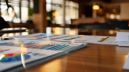set of financial charts and graphs printed on paper, spread out on a glass table - Powered by Adobe