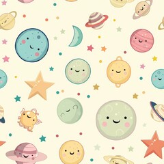 Whimsical Pastel Planets and Moons with Adorable Faces for Children's Illustrations and Fantasy Concepts