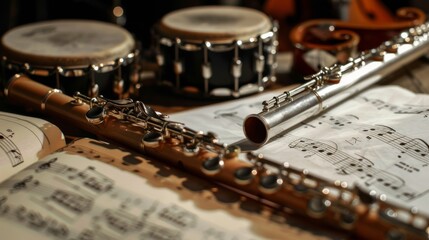 Obraz premium Assorted musical instruments including flutes, a violin, and drums are arranged on top of scattered sheet music, creating a scene of musical creativity.