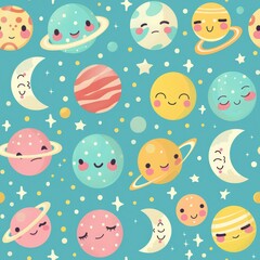 Adorable Pastel Planets and Moons Smiling in Space - Whimsical Celestial Characters with Faces for Children's Education and Decor