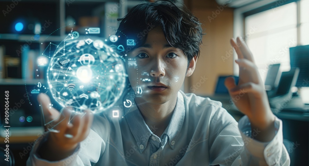 Aufkleber A young Japanese man is sitting at the desk, holding up an earth with icons of global network and business data floating above it, convey a sense of innovation and technology use for online marketing.