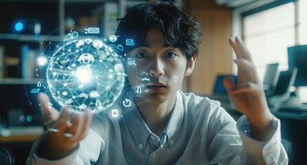 A young Japanese man is sitting at the desk, holding up an earth with icons of global network and business data floating above it, convey a sense of innovation and technology use for online marketing.