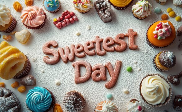 Text "Sweetest Day" written in sugar on top of an assortment of cakes, cupcakes and chocolates. The words should be clear and legible. There is white powder all over everything.