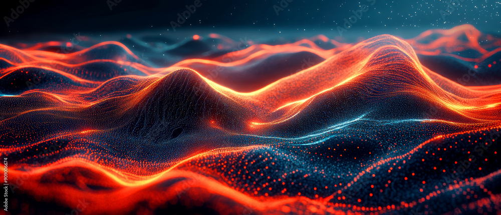 Poster a mesmerizing abstract landscape of colorful waves featuring glowing light patterns, showcasing tech