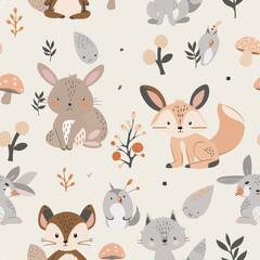 Obraz premium Adorable Pastel Forest Animals Surrounded by Tiny Mushrooms in a Whimsical Setting