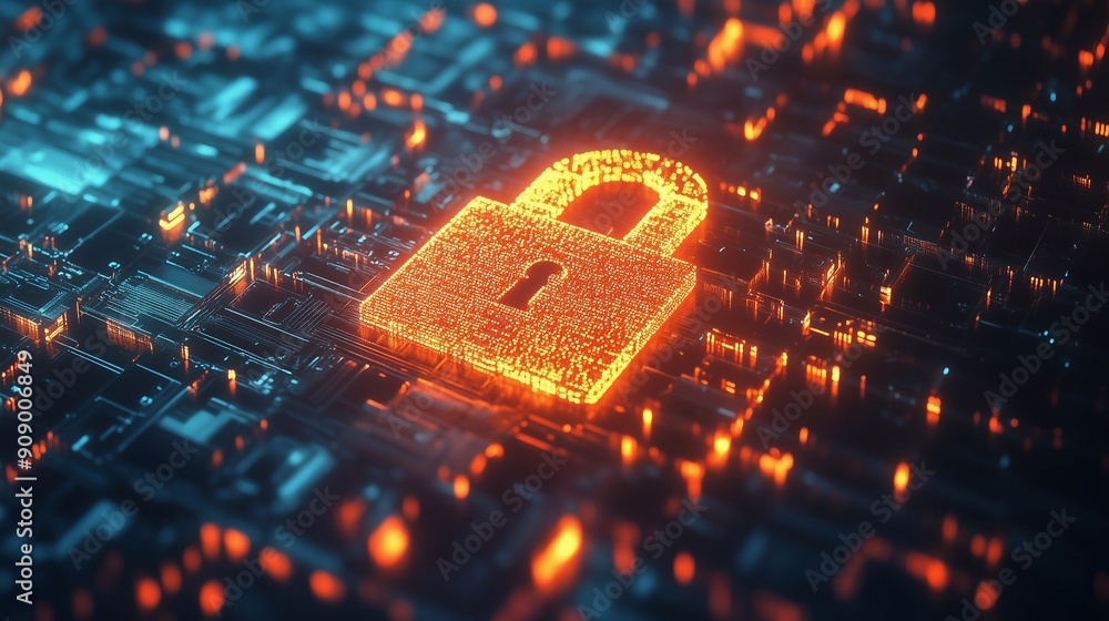 Fototapete 3d rendering of a digital lock symbolizing cybersecurity, with a pixelated texture on a technologica