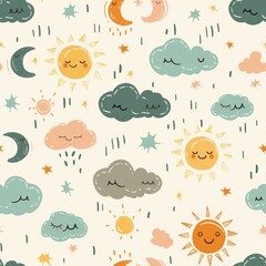 Whimsical Seamless Pattern of Pastel Suns and Clouds for a Dreamy Design