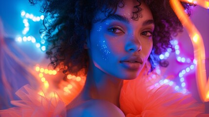 Fototapeta premium Whimsical portrait of a model with neon lights
