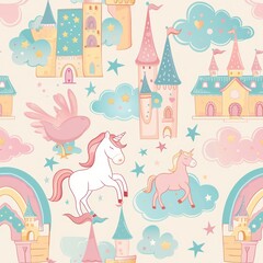 Enchanting Pastel Fairytale World with Castles and Unicorns