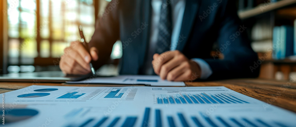 Poster a professional analyzing financial reports and charts, reflecting business strategy and data-driven 
