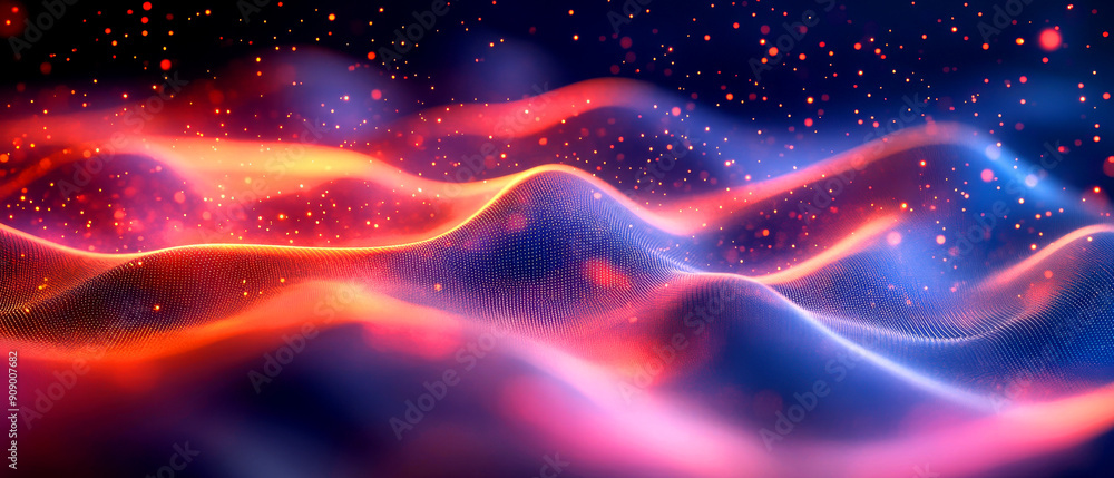 Poster A vibrant abstract wave pattern with glowing colors, creating a mystical atmosphere ideal for backgrounds and digital designs.