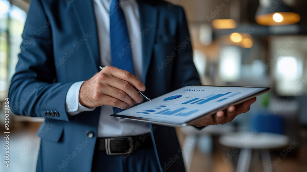 Poster businessman analyzing data on a tablet in a modern office, focusing on charts and graphs for strateg