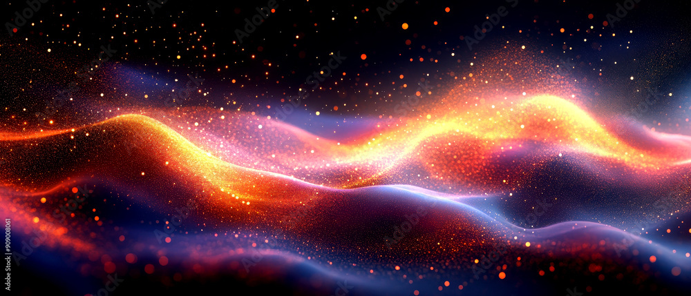Poster vibrant abstract waves of color and light swirl together, creating a mesmerizing cosmic illusion of 