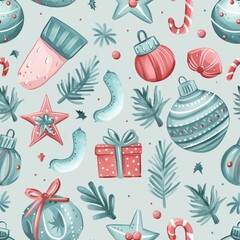 Fototapeta premium Whimsical Pastel Christmas Ornaments and Gifts Seamless Pattern for Festive Designs