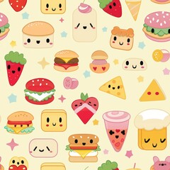 Adorable Pastel Food Characters Smiling - Cute and Whimsical Dessert Illustrations with Faces, Funny Sweet Treats in Soft Colors, Playful Food Icons