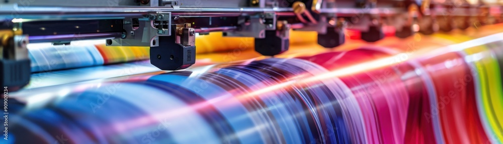 Poster a vibrant close-up of a printing machine producing colorful patterns, showcasing modern printing tec