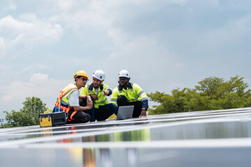 Engineer technician professional trained in skills and techniques installing solar photovoltaic...
