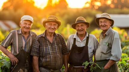 Obraz premium Group of senior farmers smiling in a vegetable garden at sunset, wearing hats and looking at the camera. Close-up detail highlights vibrant vegetable colors and warm evening light.