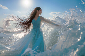 Asian woman naiad with water dress, undine in the middle on the ocean, casting a water spell, wind and waves