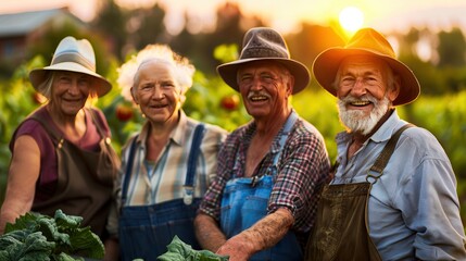 Group of senior farmers smiling in a vegetable garden at sunset, wearing hats and looking at the camera. Close-up detail highlights vibrant vegetable colors and warm evening light.