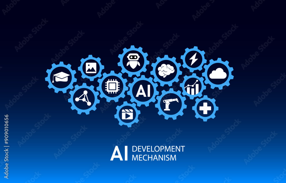 Poster ai development mechanism. set of flat icons on artificial intelligence, engineering, technology, fut