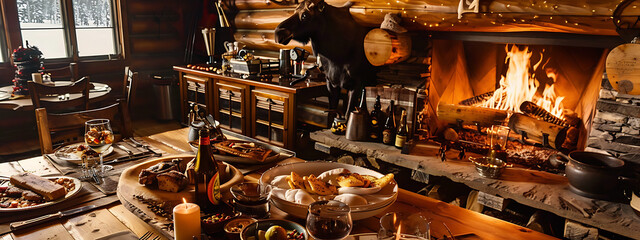 Rustic wooden cabin, warm fire, and a cozy dinner setting, perfect for a winter holiday. 
