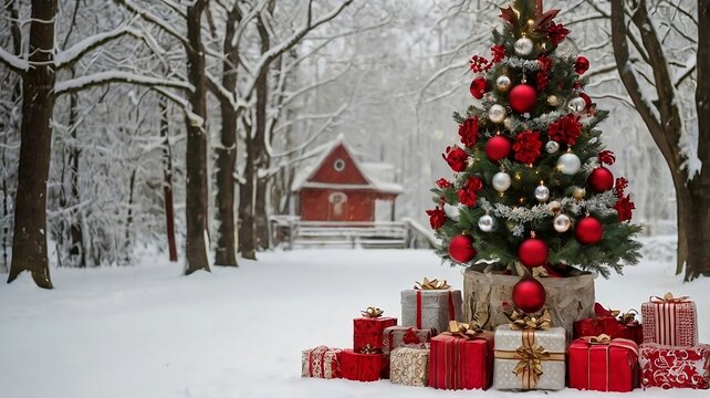 Festive Christmas Tree with Gifts in Snowy Forest Setting - Holiday Stock Image.