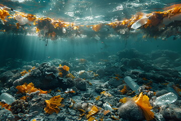 Marine and ocean waters polluted with plastic and garbage. Clear water contrasts with accumulated trash and plastic bottles. Concept of pollution on marine ecosystems, environmental problems