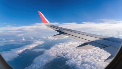 Fototapeta premium Airplane fly high in sky on a sunny day, view from plane window of beautiful island and sea and clouds and wing turbines