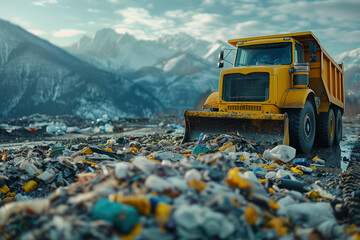 Yellow bulldozer moving trash at landfill with mountains in background. Environmental pollution and waste management issues. Contrast between natural landscape and human impact, with copy space.