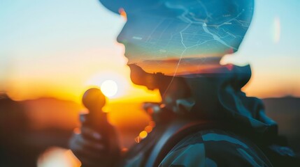 GPS device close up, focus on functionality, Double exposure silhouette with travel, with copy space